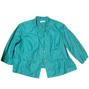 Tahari Woman Plus Size Aqua Ruffled Collar 3/4 Sleeve Jacket